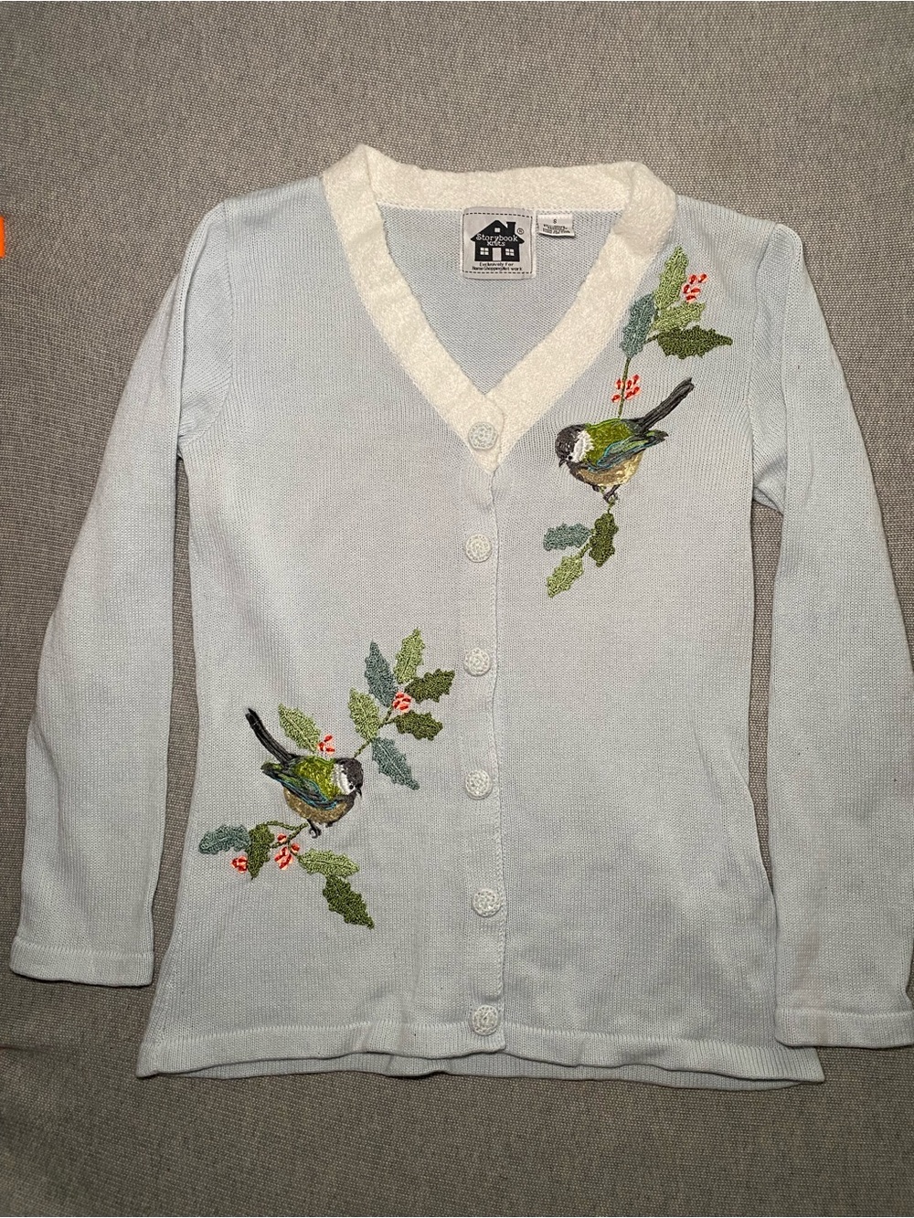 VTG Storybook Knits Womens Cardigan Blue Embroidered Bird Perched Branch Small